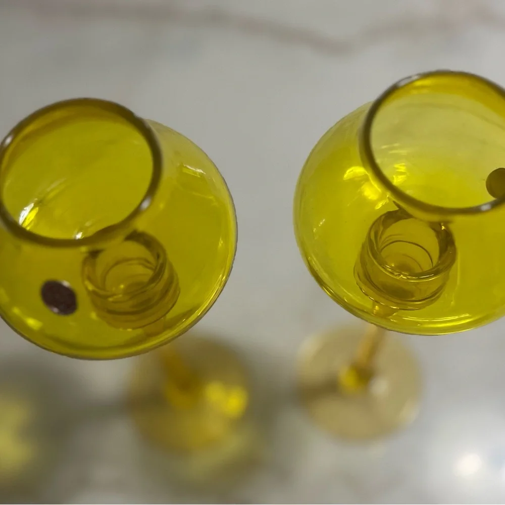 Set Of 2 Vintage Made In Italy Empoli Hand Blown Yellow Glass Candle Sticks